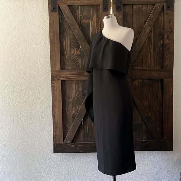 Elegant One Shoulder Layered Irregular Sleeve Black  Midi Dress - Picture 7 of 13